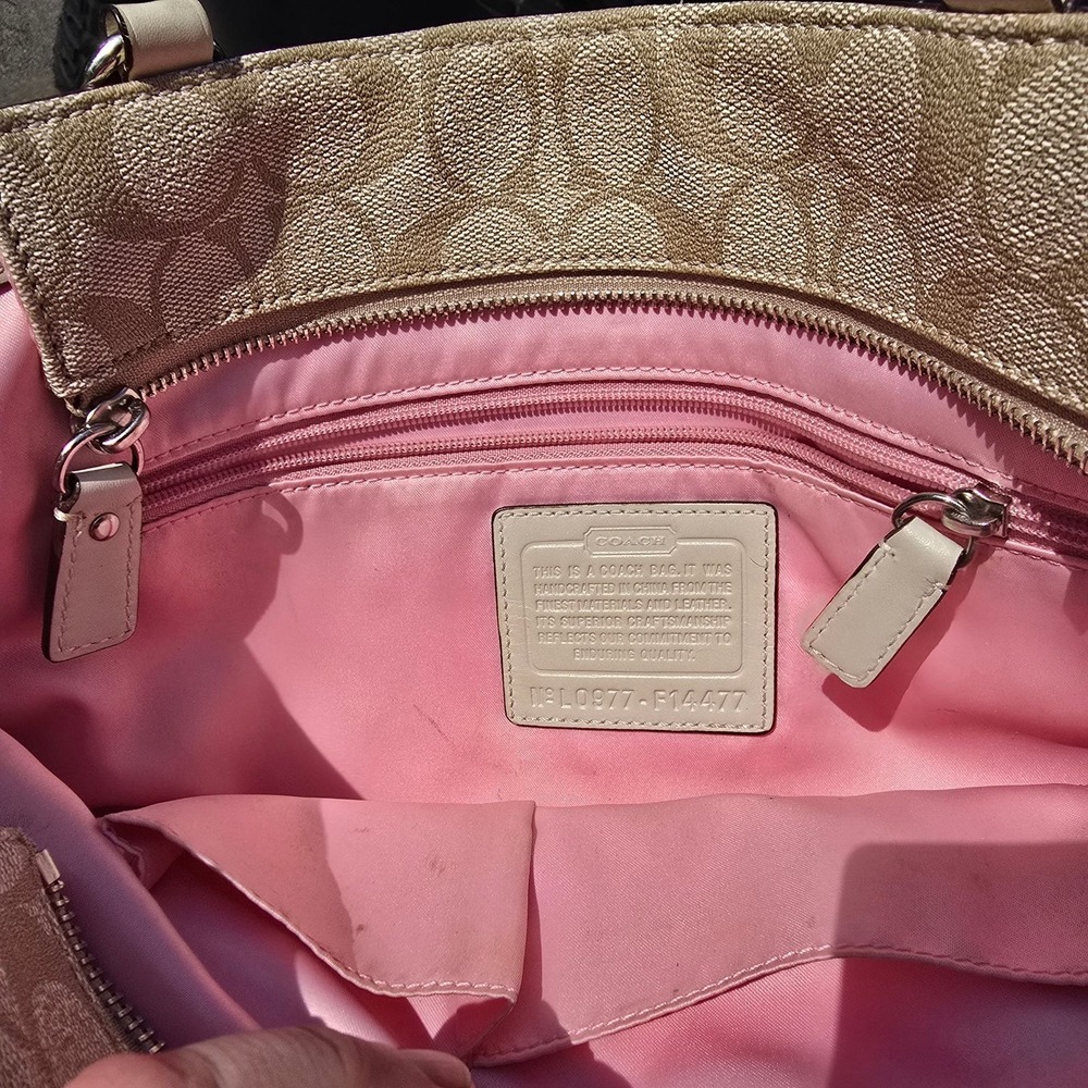 COACH Signature Stripe Tote Bag Beige Pink Canvas Leather Shoulder Purse - Picture 4 of 15